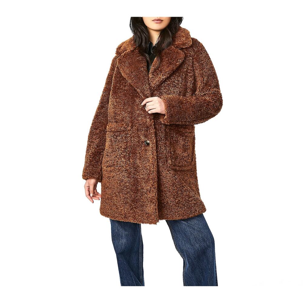 Bernardo Womens Longline Faux Fur Teddy Coat Camel Size Medium